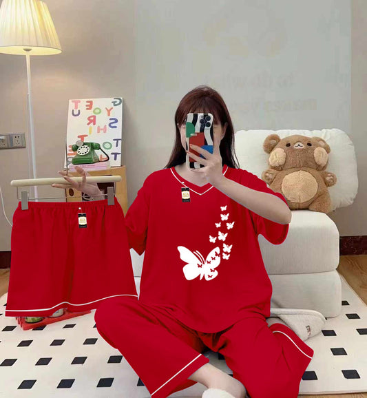 3-Piece Cami Nightwear Set for Women with Elegant White Borders Red Flying Butterfly