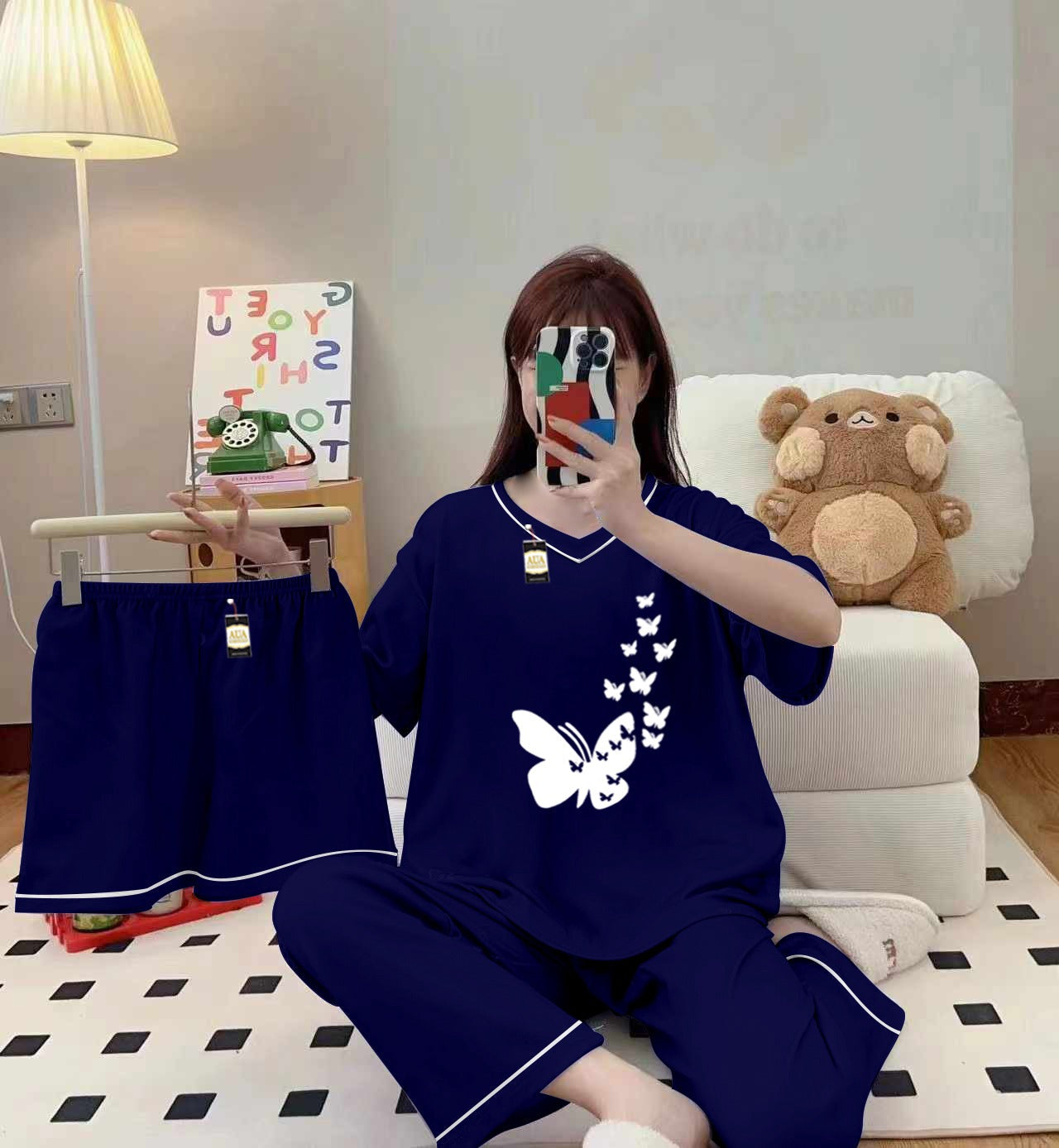 3-Piece Cami Nightwear Set for Women with Elegant White Borders Dark Flying Butterfly