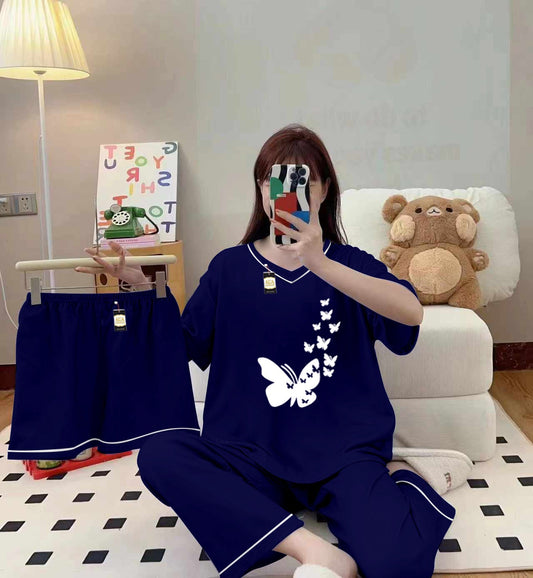 3-Piece Cami Nightwear Set for Women with Elegant White Borders Dark Flying Butterfly