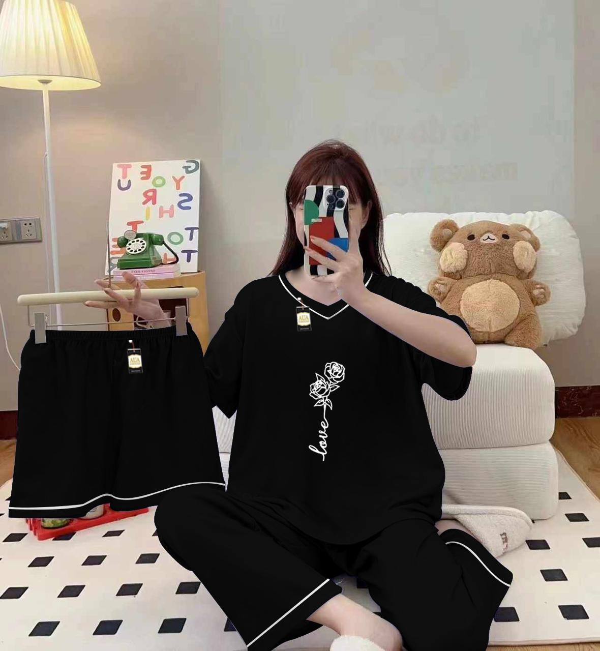 3-Piece Cami Nightwear Set for Women with Elegant White Borders Black Rose Love