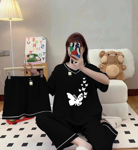 3-Piece Cami Nightwear Set for Women with Elegant White Borders BLACK FLYING BUTTERFLY