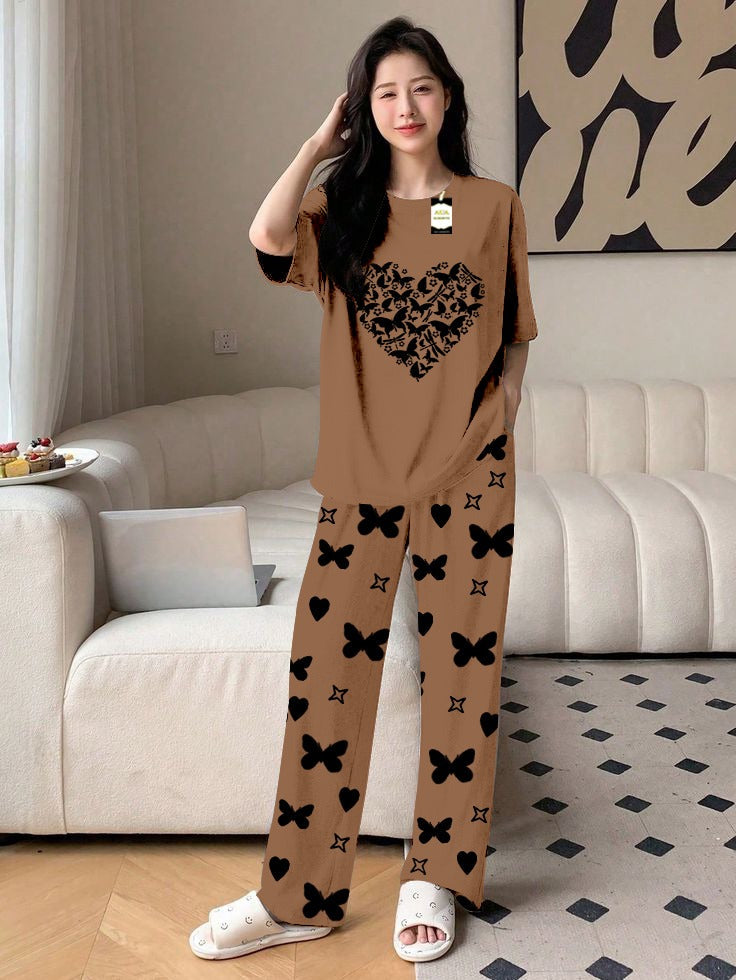 Brown Butterfly Heart Printed Nightwear Set With Star Butterfly Printed Trousers – Women's Lounge Wear (010)
