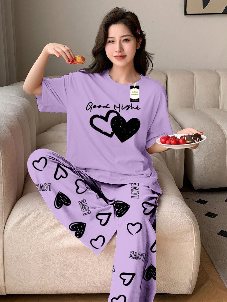Purple Good Night Heart Printed Nightwear Set With Love Heart  Printed Trousers – Women's Lounge Wear (011)