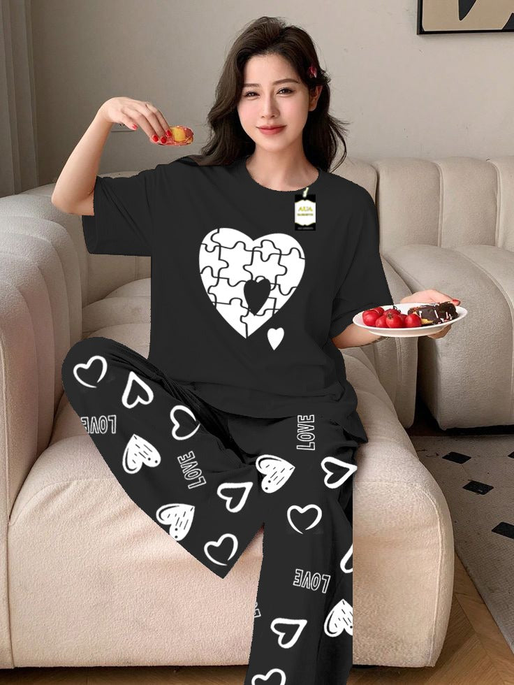 Black Puzzel Heart Printed Nightwear Set With Love Heart Printed Trousers – Women's Lounge Wear (011)