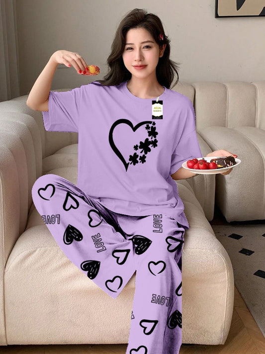 Purple Flower Heart Printed Nightwear Set With Love Heart Printed Trousers – Women's Lounge Wear (011)