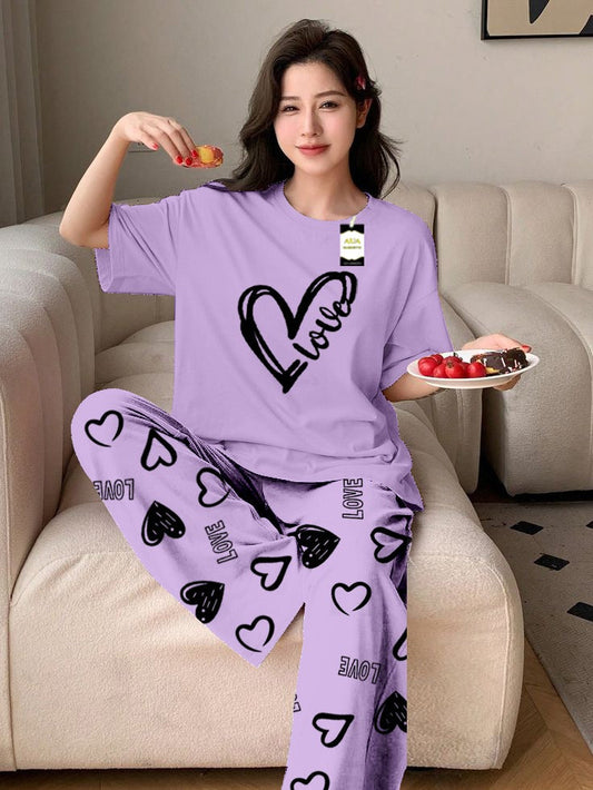 Purple Love Heart Printed Nightwear Set With Love Heart Printed Trousers – Women's Lounge Wear (011)