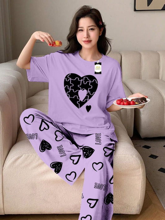Purple Puzzel Heart Printed Nightwear Set With Love Heart Printed Trousers – Women's Lounge Wear (011)
