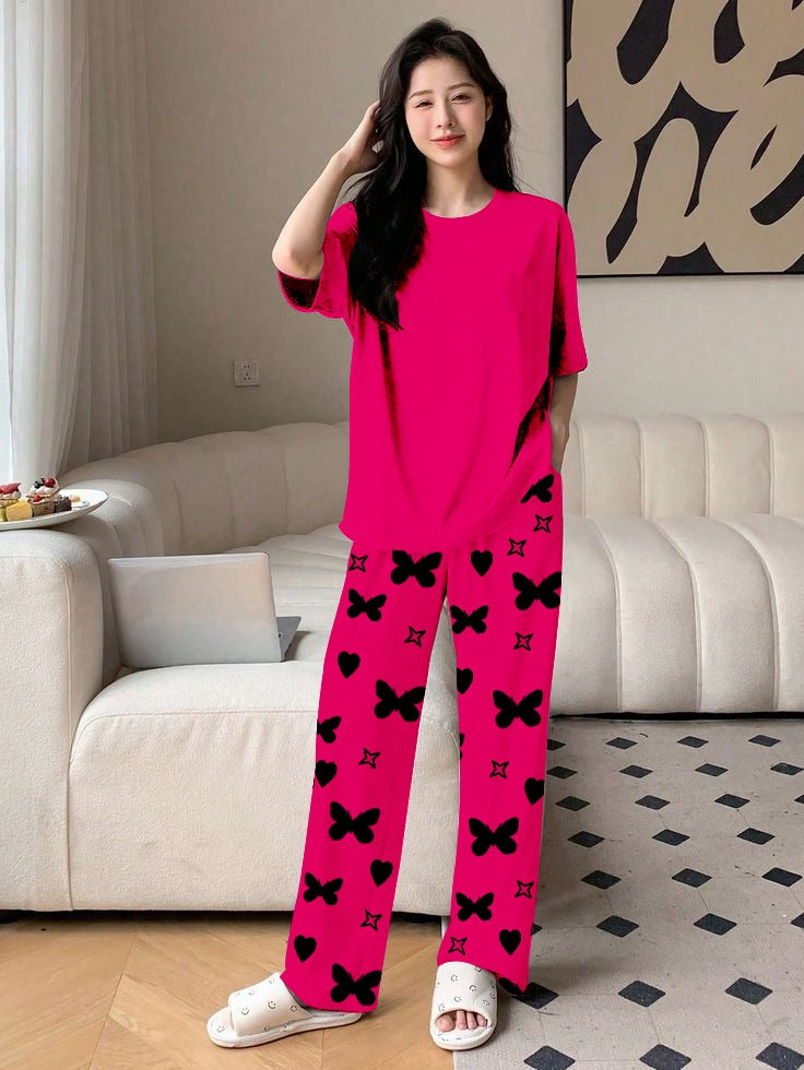 Plan Pink Printed Nightwear Set With Star Butterfly Printed Trousers – Women's Lounge Wear (010)