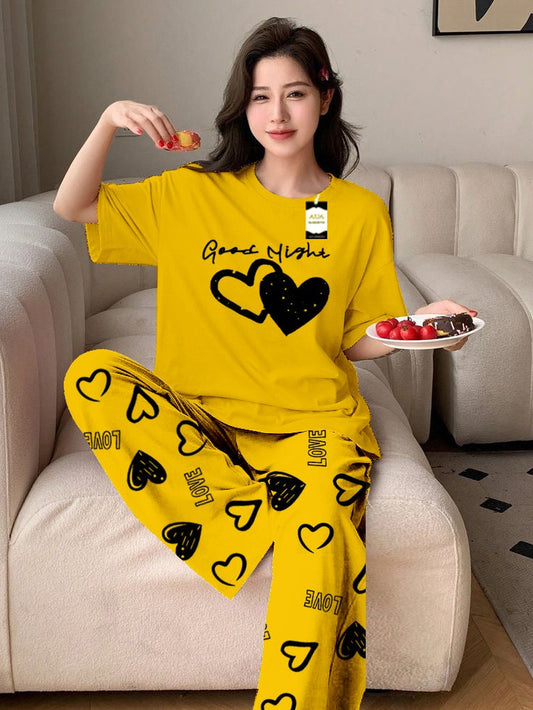 Yellow Good Night Printed Nightwear Set With Love Heart Printed Trousers – Women's Lounge Wear (011)