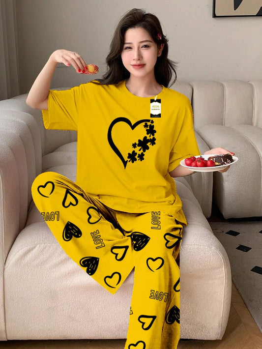 yellow women Heart Printed Nightwear Set With Love Heart Printed Trousers – Women's Lounge Wear (011)