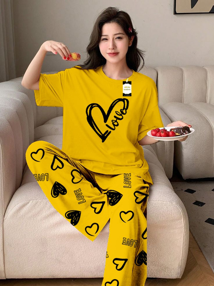 Yellow Love Heart Printed Nightwear Set With Love Heart Printed Trousers – Women's Lounge Wear (011)