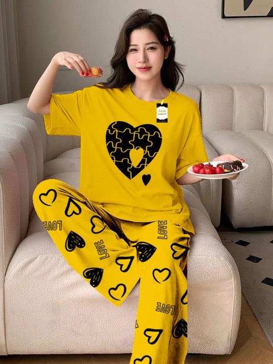 Yellow Puzzel Heart Printed Nightwear Set With Love Heart Printed Trousers – Women's Lounge Wear (011)