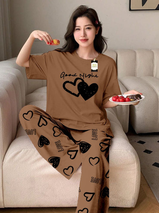 Beige good Night Printed Nightwear Set With Love Heart Printed Trousers – Women's Lounge Wear (011)