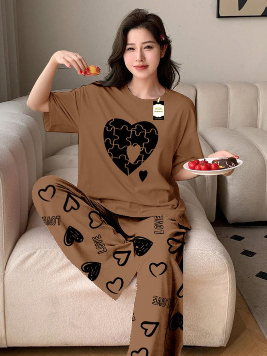 Beige Puzzel Heart Printed Nightwear Set With Love Heart Printed Trousers – Women's Lounge Wear (011)