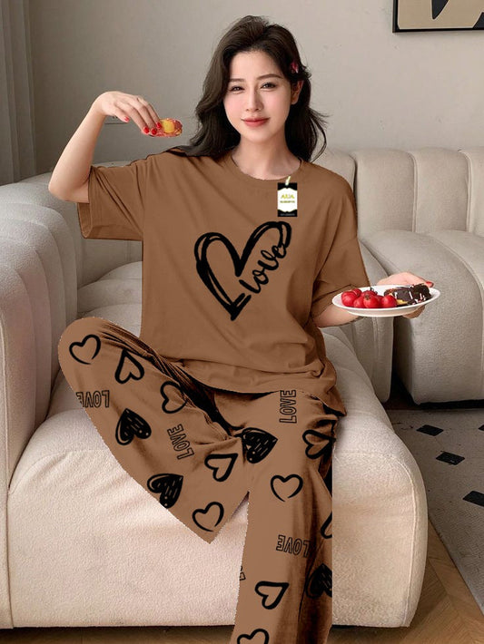 Beige Love Heart Printed Nightwear Set With Love Heart Printed Trousers – Women's Lounge Wear (011)