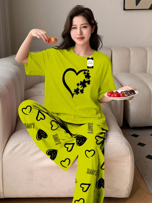 Light Green Women Heart Printed Nightwear Set With Love Heart Printed Trousers – Women's Lounge Wear (011)