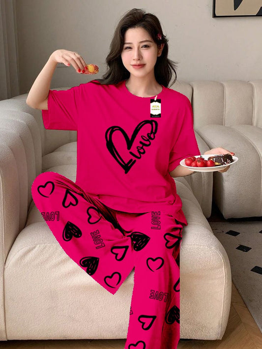 Pink Love Heart Printed Nightwear Set With Love Heart Printed Trousers – Women's Lounge Wear (011)