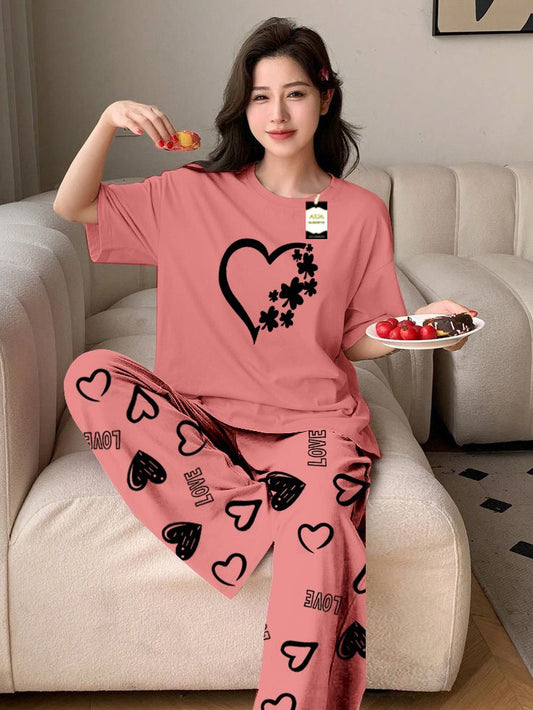 Peach women Heart Printed Nightwear Set With Love Heart Printed Trousers – Women's Lounge Wear (011)