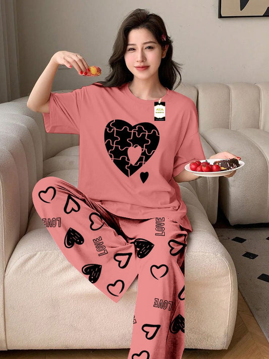 Peach Puzzel Heart Printed Nightwear Set With Love Heart Printed Trousers – Women's Lounge Wear (011)