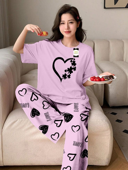 pURPLE WOMEN HEART Printed Nightwear Set With Love Heart Printed Trousers – Women's Lounge Wear (011)