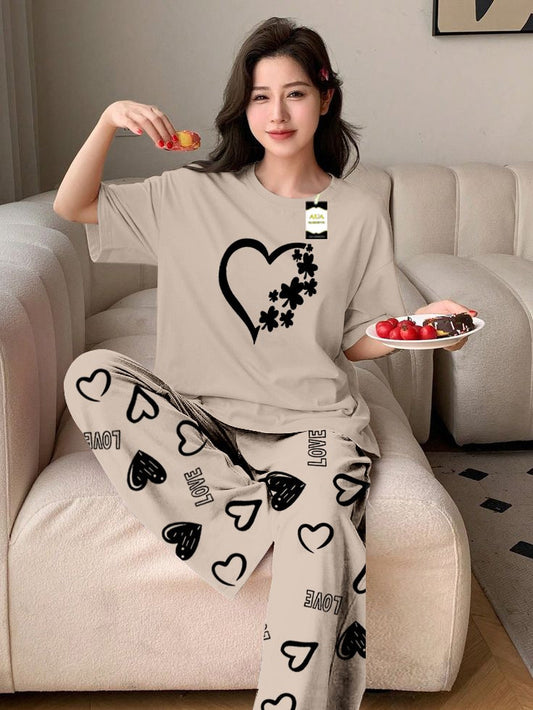 GREY WOMEN HEART Printed Nightwear Set With Love Heart Printed Trousers – Women's Lounge Wear (011)