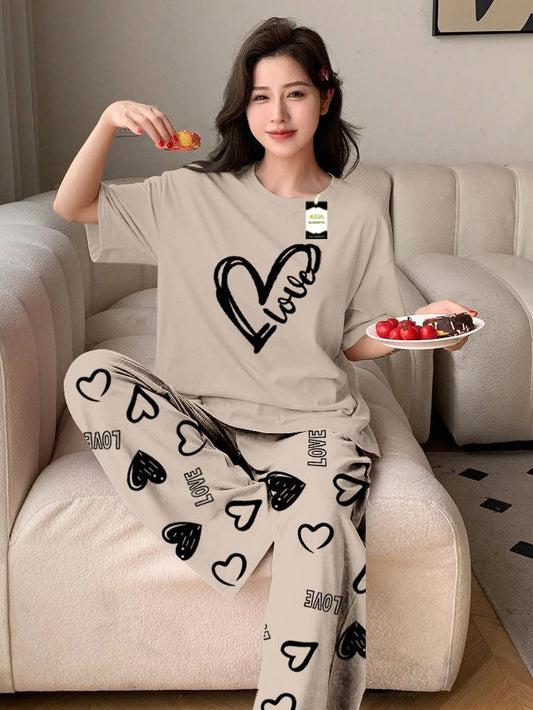 GREY LOVE HEART Printed Nightwear Set With Love Heart Printed Trousers – Women's Lounge Wear (011)