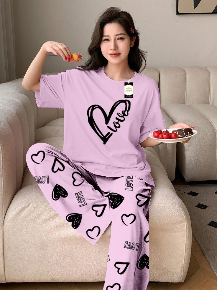 PURPLE LOVE HEART Printed Nightwear Set With Love Heart Printed Trousers – Women's Lounge Wear (011)