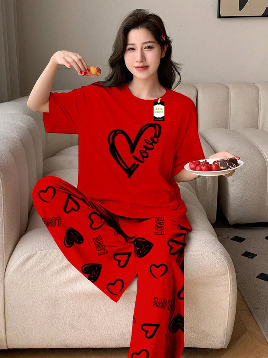 RED LOVE HEART Printed Nightwear Set With Love Heart Printed Trousers – Women's Lounge Wear (011)