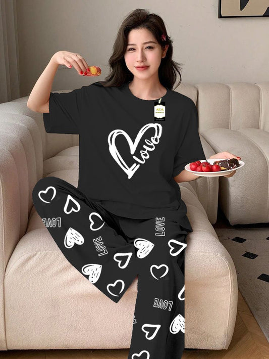 BLACK LOVE HEART Printed Nightwear Set With Love Heart Printed Trousers – Women's Lounge Wear (011)