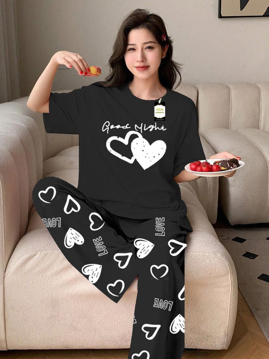 BLACK GOOD NIGHT Printed Nightwear Set With Love Heart Printed Trousers – Women's Lounge Wear (011)