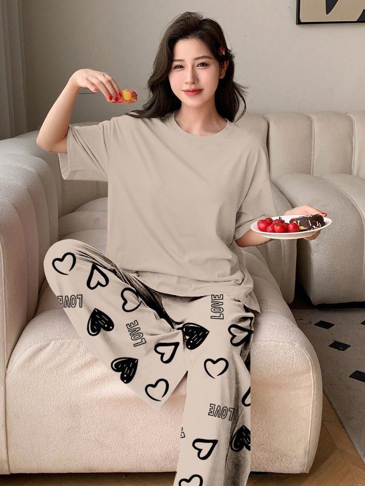 PLAN GREY Printed Nightwear Set With Love Heart Printed Trousers – Women's Lounge Wear (011)