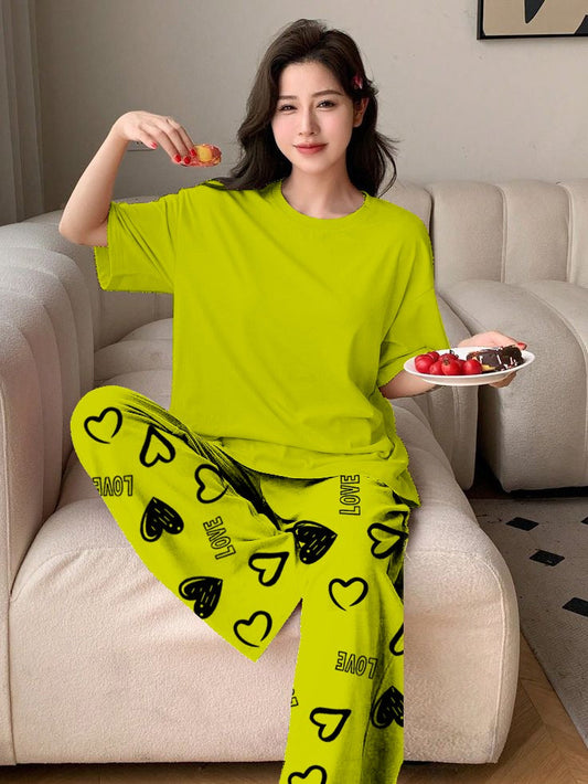 PLAN LIGHT GREEN Printed Nightwear Set With Love Heart Printed Trousers – Women's Lounge Wear (011)