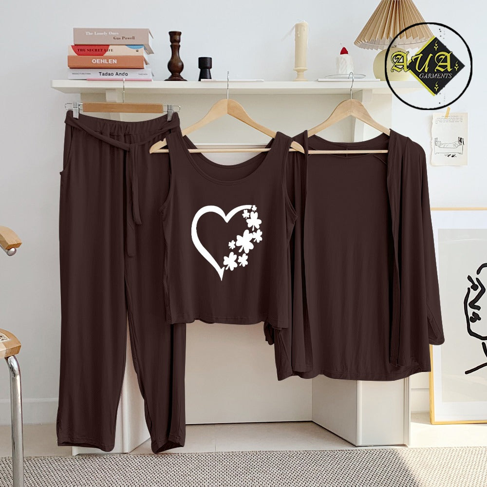 Brown Women Heart 3 Piece Lounge wear Nightwear Sleepwear For Women