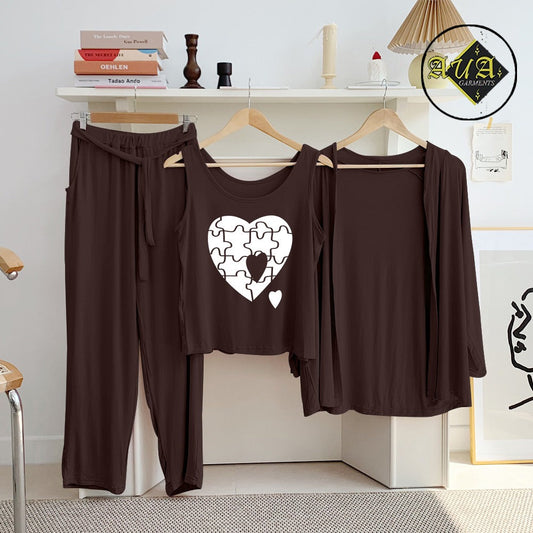 Brown puzzel heart  3 Piece Lounge wear Nightwear Sleepwear For Women