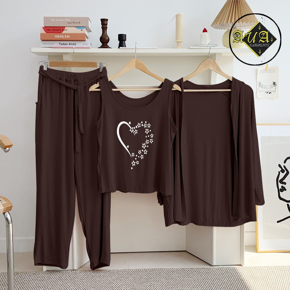 Brown Star Heart 3 Piece Lounge wear Nightwear Sleepwear For Women