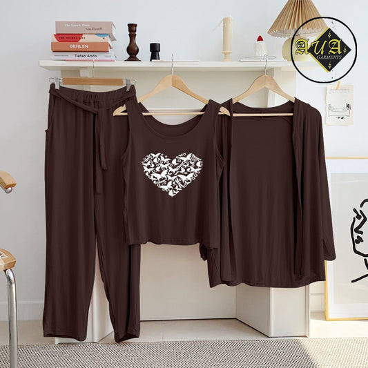 Brown Butterfly Heart 3 Piece Lounge wear Nightwear Sleepwear For Women