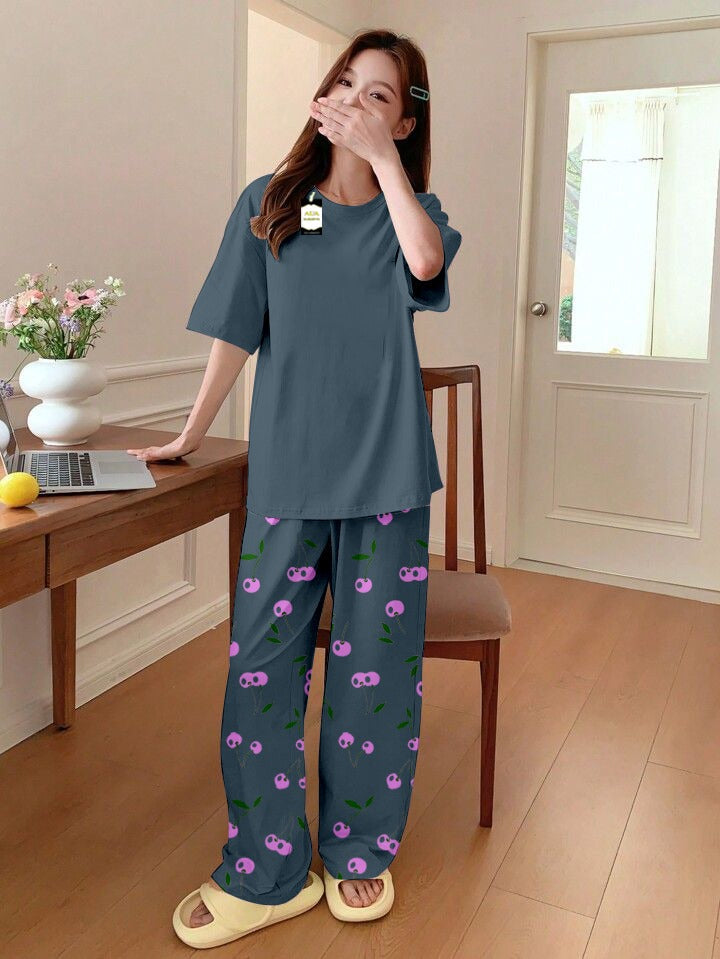 Plan Aqua Blue Printed Nightwear Set With Cherry Printed Trouser Printed Trousers – Women's Lounge Wear (014)