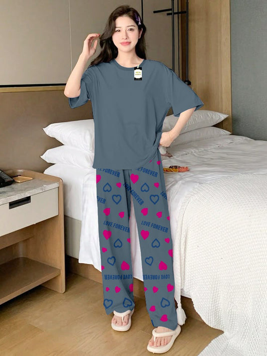 Plan AQua Blue Printed Nightwear Set With Love Forever Printed Trousers – Women's Lounge Wear (013)