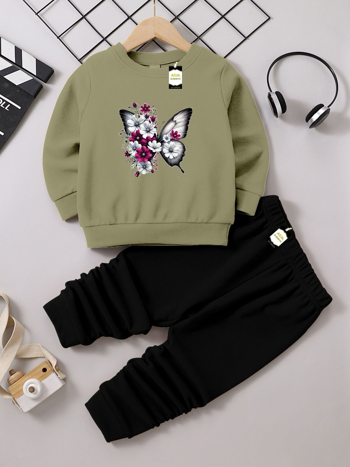 Girls Sweatshirt & Trouser Set | Kids Fleece Winter Outfit (1-10 Years) ( Butterfly Print )