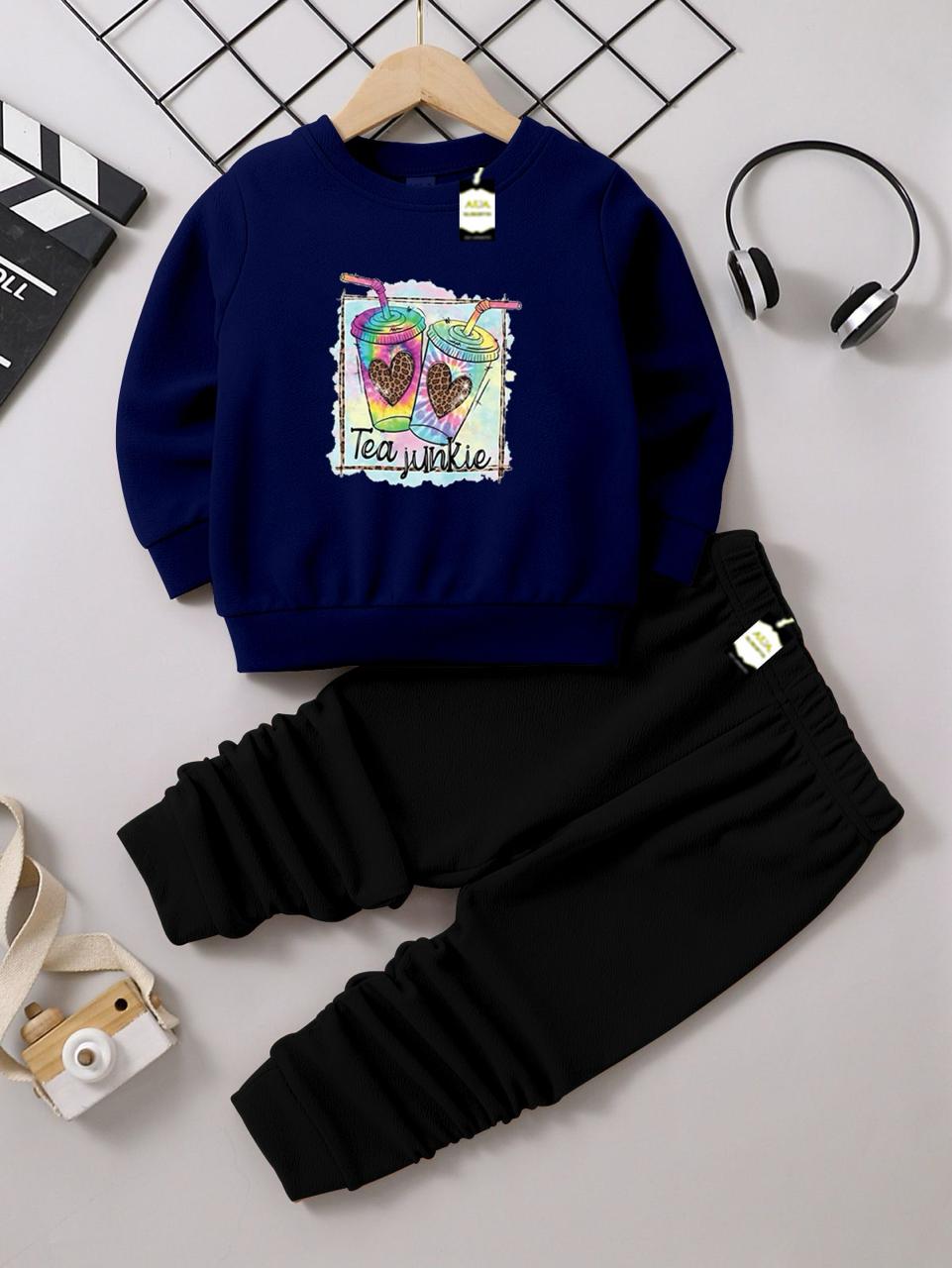 Girls Sweatshirt & Trouser Set | Kids Fleece Winter Outfit (1-10 Years) ( Tea Junkie Print )