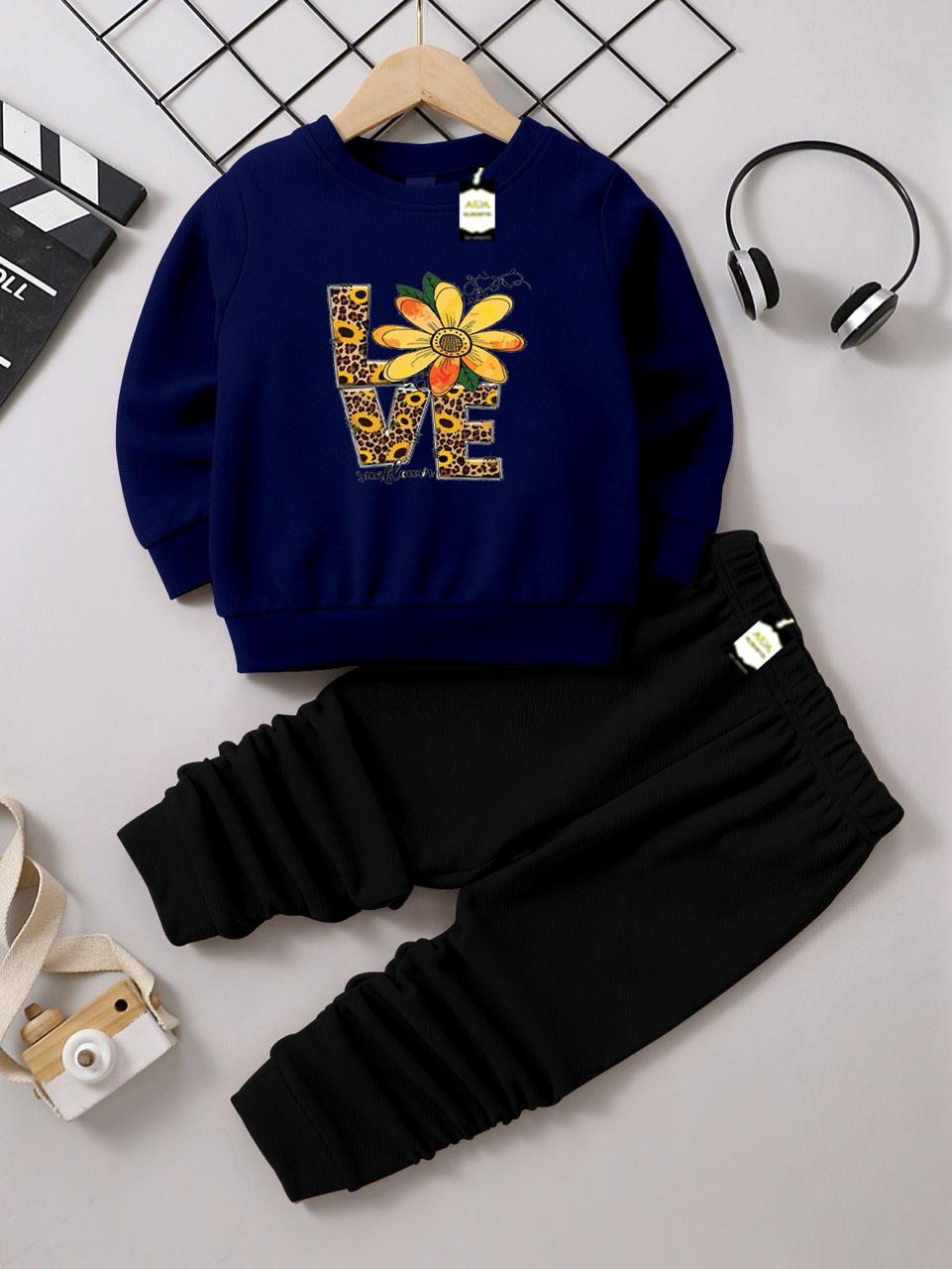Girls Sweatshirt & Trouser Set | Kids Fleece Winter Outfit (1-10 Years) (Sunflower Love Print )