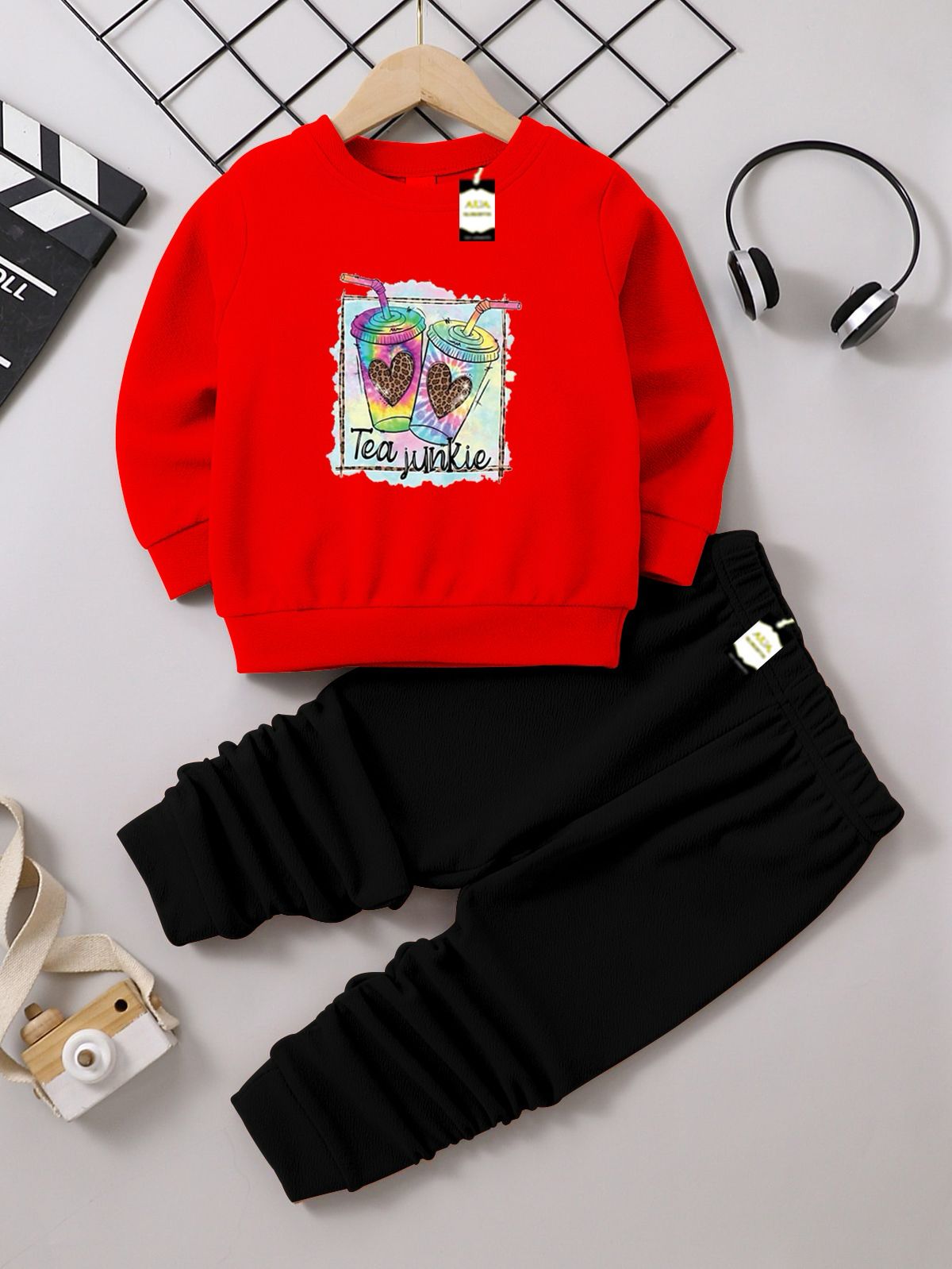 Girls Sweatshirt & Trouser Set | Kids Fleece Winter Outfit (1-10 Years) ( Tea Junkie Print )