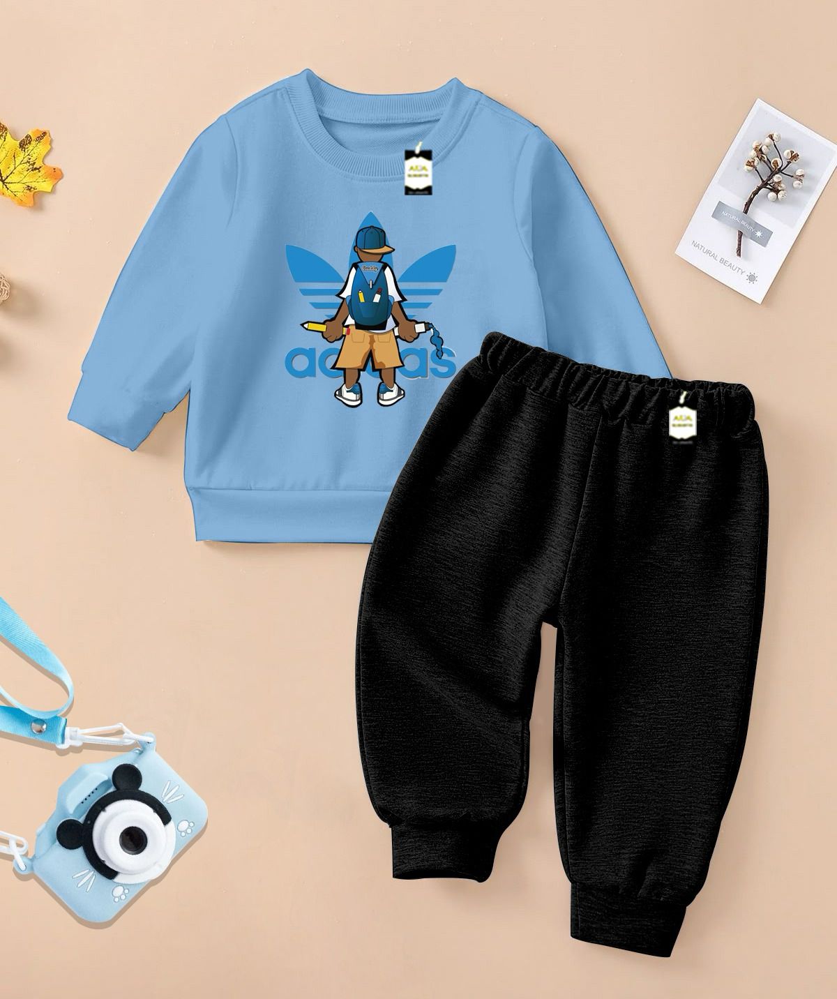 Adi-das Boys Sweatshirt & Trouser Set | Kids Fleece Winter Outfit (1-10 Years) (Backpack Boy Cartoon Print Adi-das)