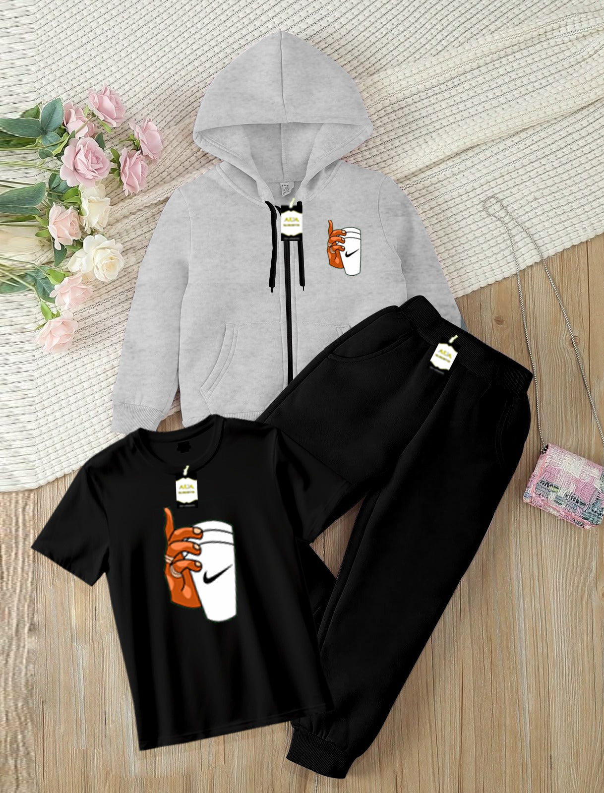 Kids Boys 3 Piece Fleece Tracksuit Set – Zipper With Hoodie, T-Shirt & Trouser ( Ni-ke Cup Printed )