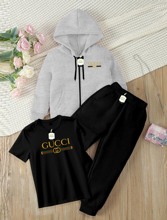 Kids Boys 3 Piece Fleece Tracksuit Set – Zipper With Hoodie, T-Shirt & Trouser ( Guc-ci Printed )