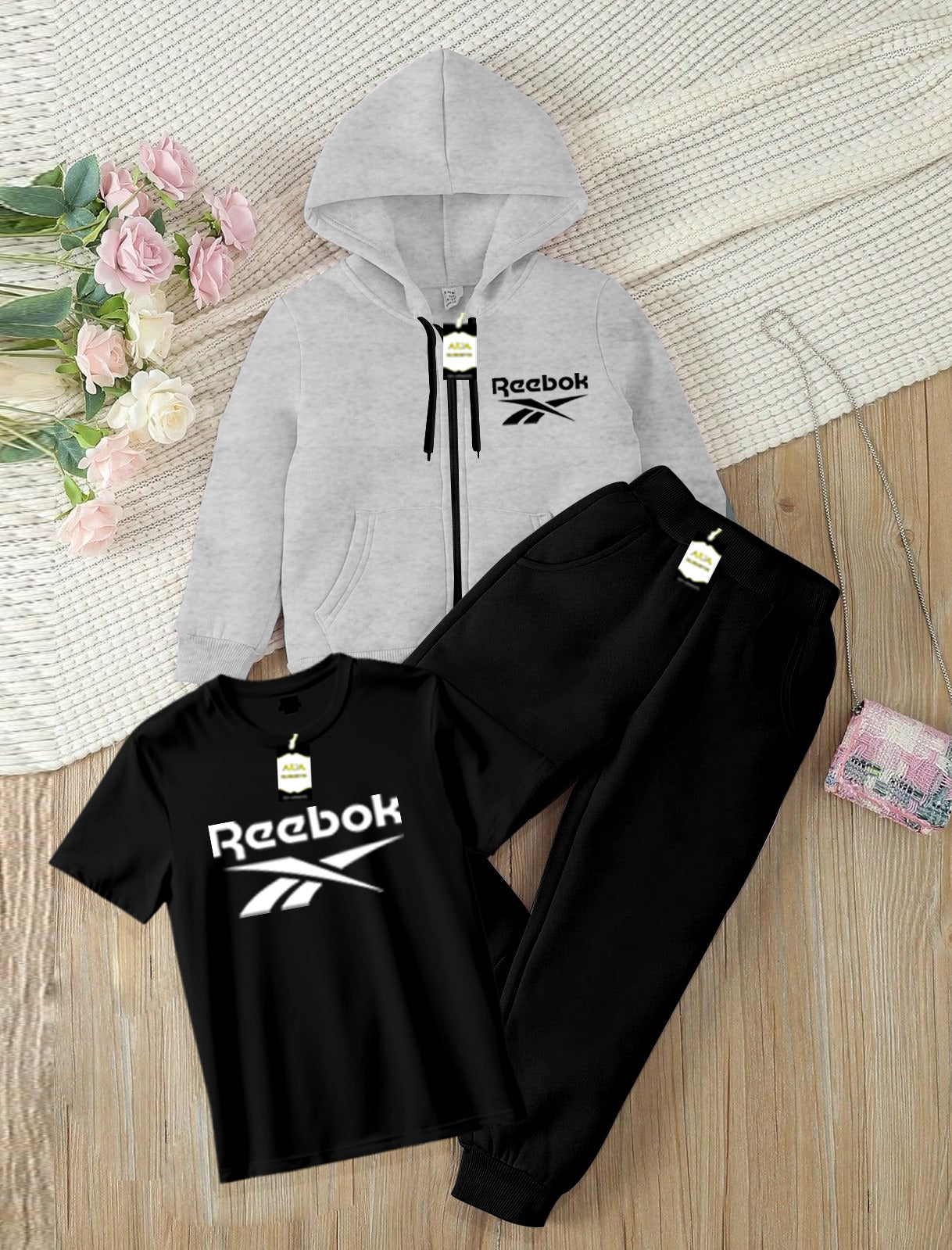 Kids Boys 3 Piece Fleece Tracksuit Set – Zipper With Hoodie, T-Shirt & Trouser ( REE-BOK Printed )