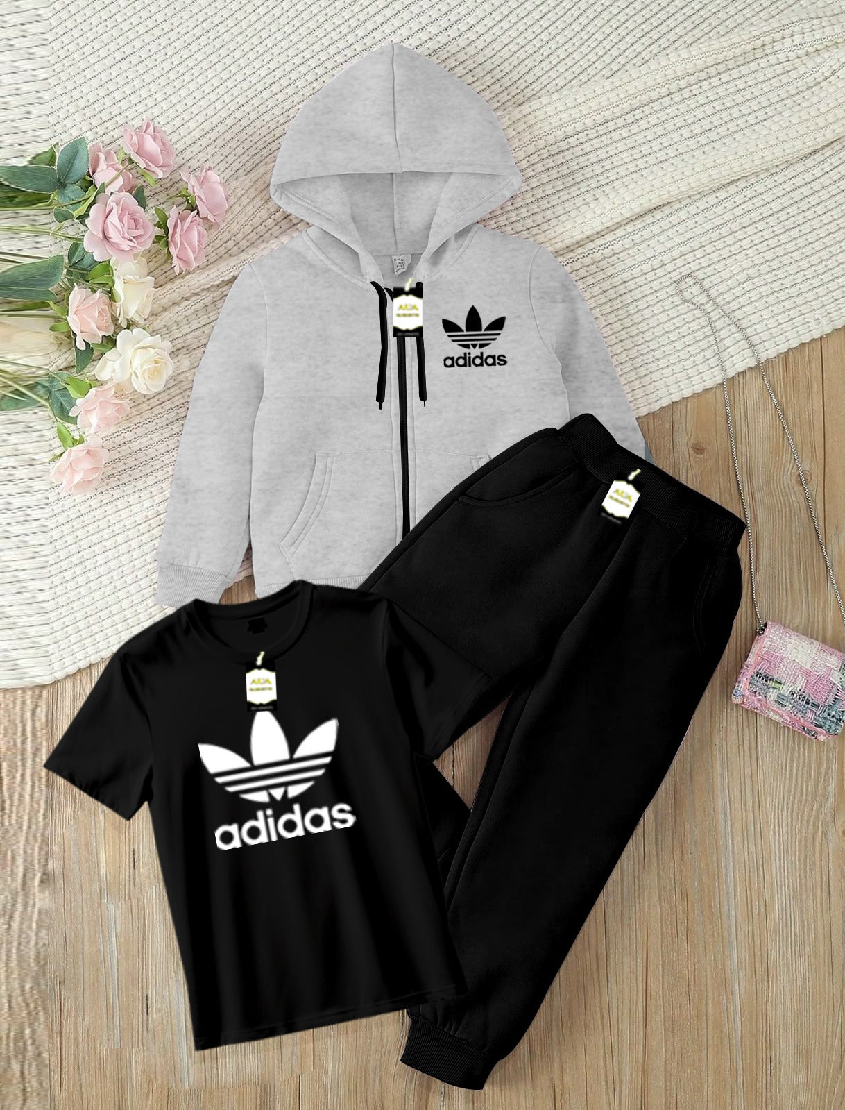 Kids Boys 3 Piece Fleece Tracksuit Set – Zipper With Hoodie, T-Shirt & Trouser ( ADI-DAS Printed )