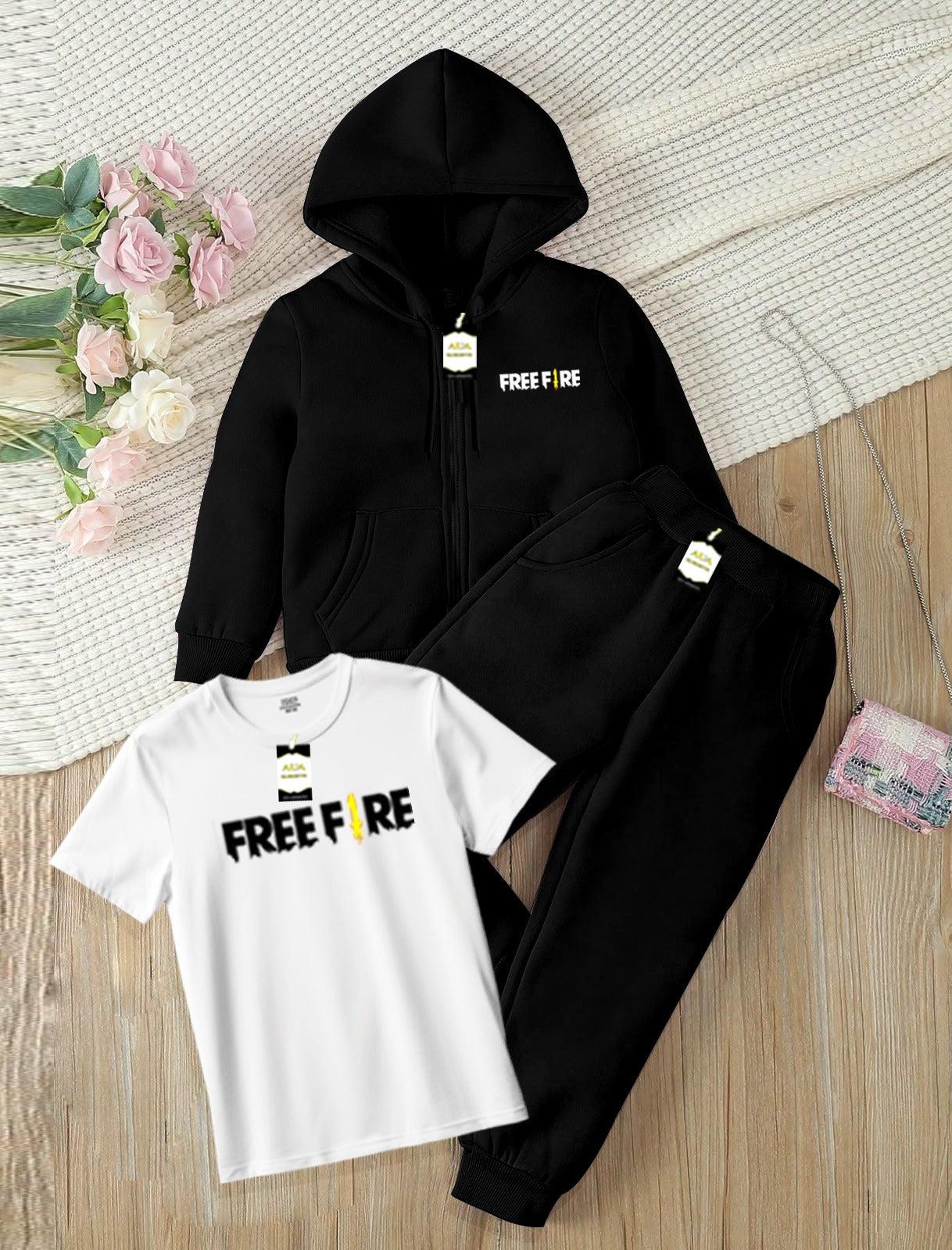 Kids Boys 3 Piece Fleece Tracksuit Set – Zipper With Hoodie, T-Shirt & Trouser ( FREE-FIRE Printed )