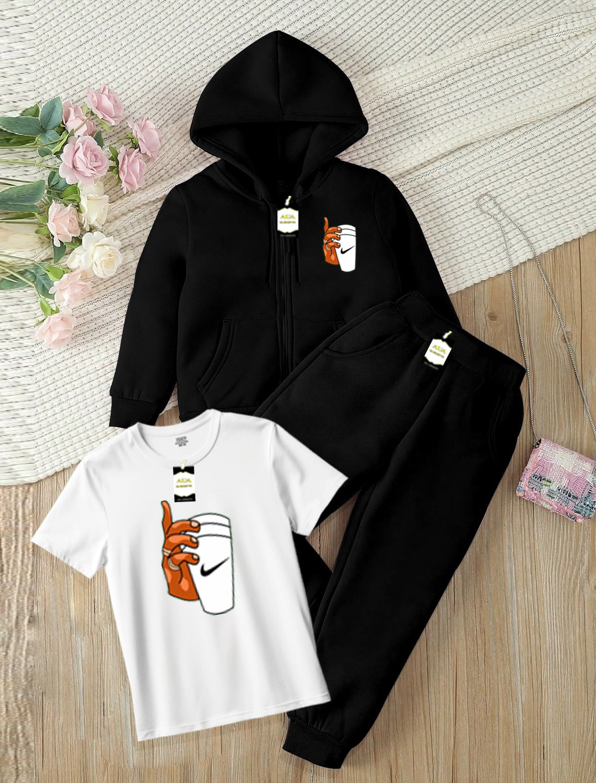 Kids Boys 3 Piece Fleece Tracksuit Set – Zipper With Hoodie, T-Shirt & Trouser ( Ni-ke Cup Printed )