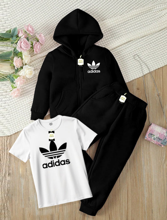 Kids Boys 3 Piece Fleece Tracksuit Set – Zipper With Hoodie, T-Shirt & Trouser ( ADI-DAS Printed )